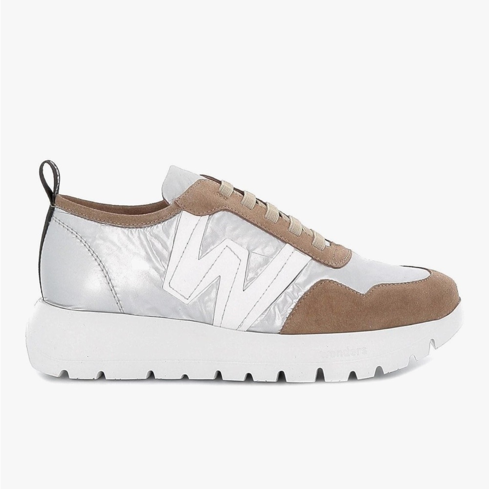Women's Wonders Silver and Tan Sneakers